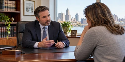 An attorney speaks with a client during a private consultation about a New York threat allegation.
