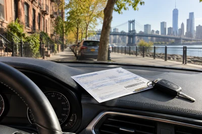 Vehicle registration paperwork and car keys on a dashboard overlooking a New York street.