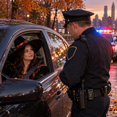 A costumed driver speaks with a police officer during a nighttime traffic stop on a Buffalo-area street.
